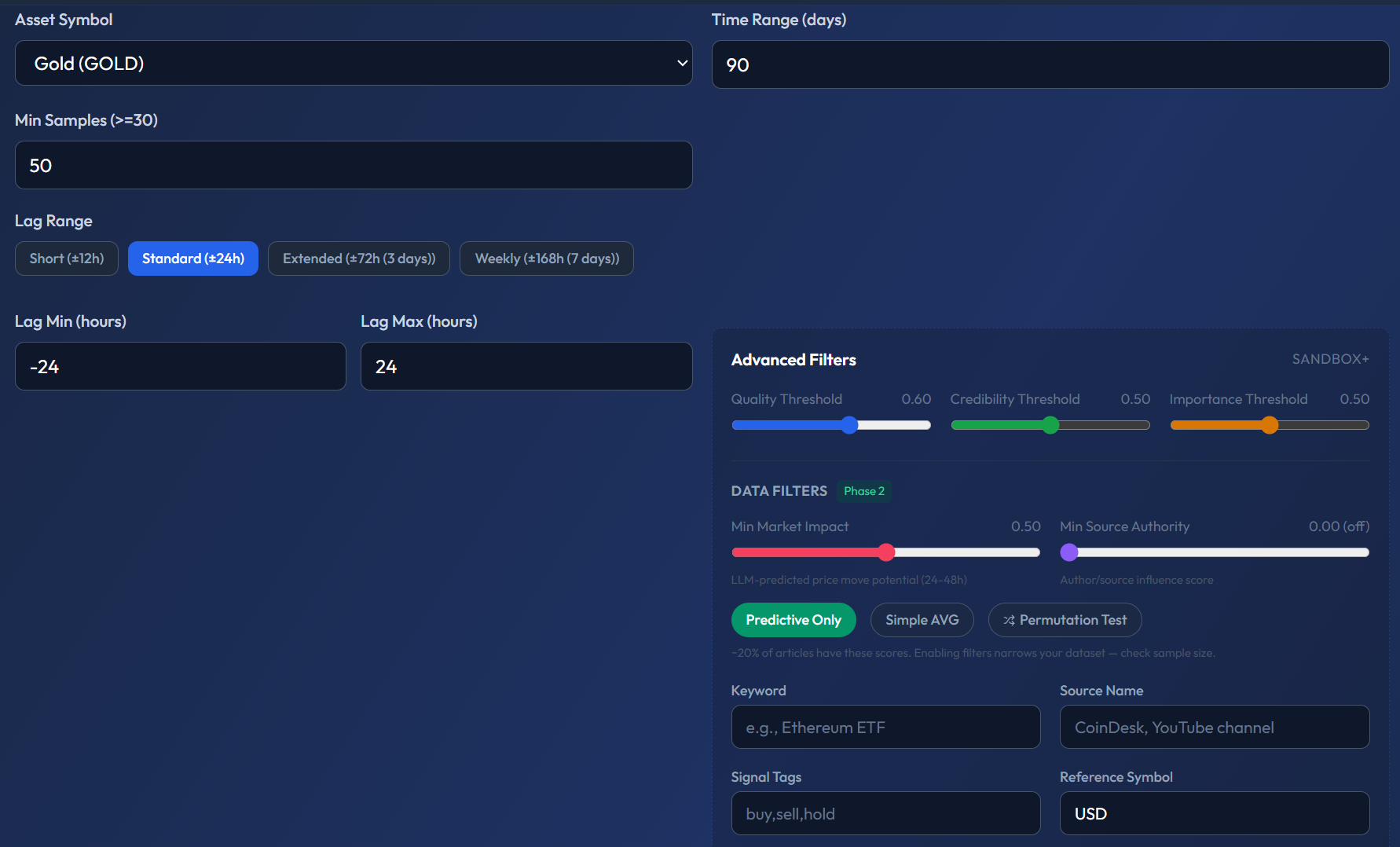 Advanced Correlation Sweep configuration form