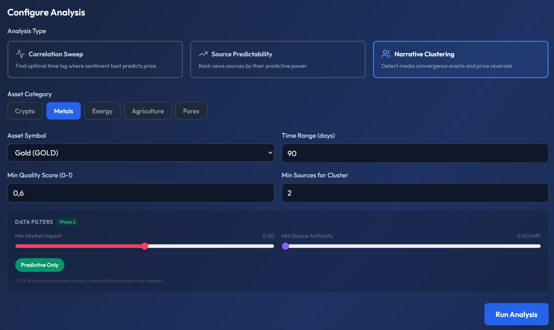 Narrative Clustering configuration panel